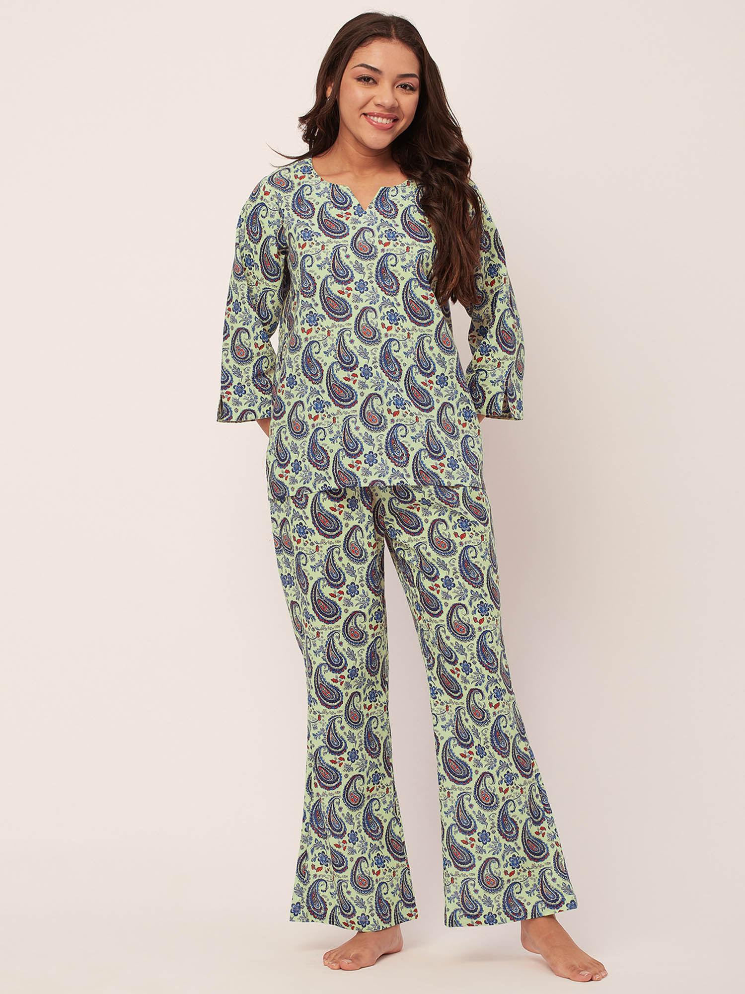 sleepwear printed night suit for women - green (set of 2)