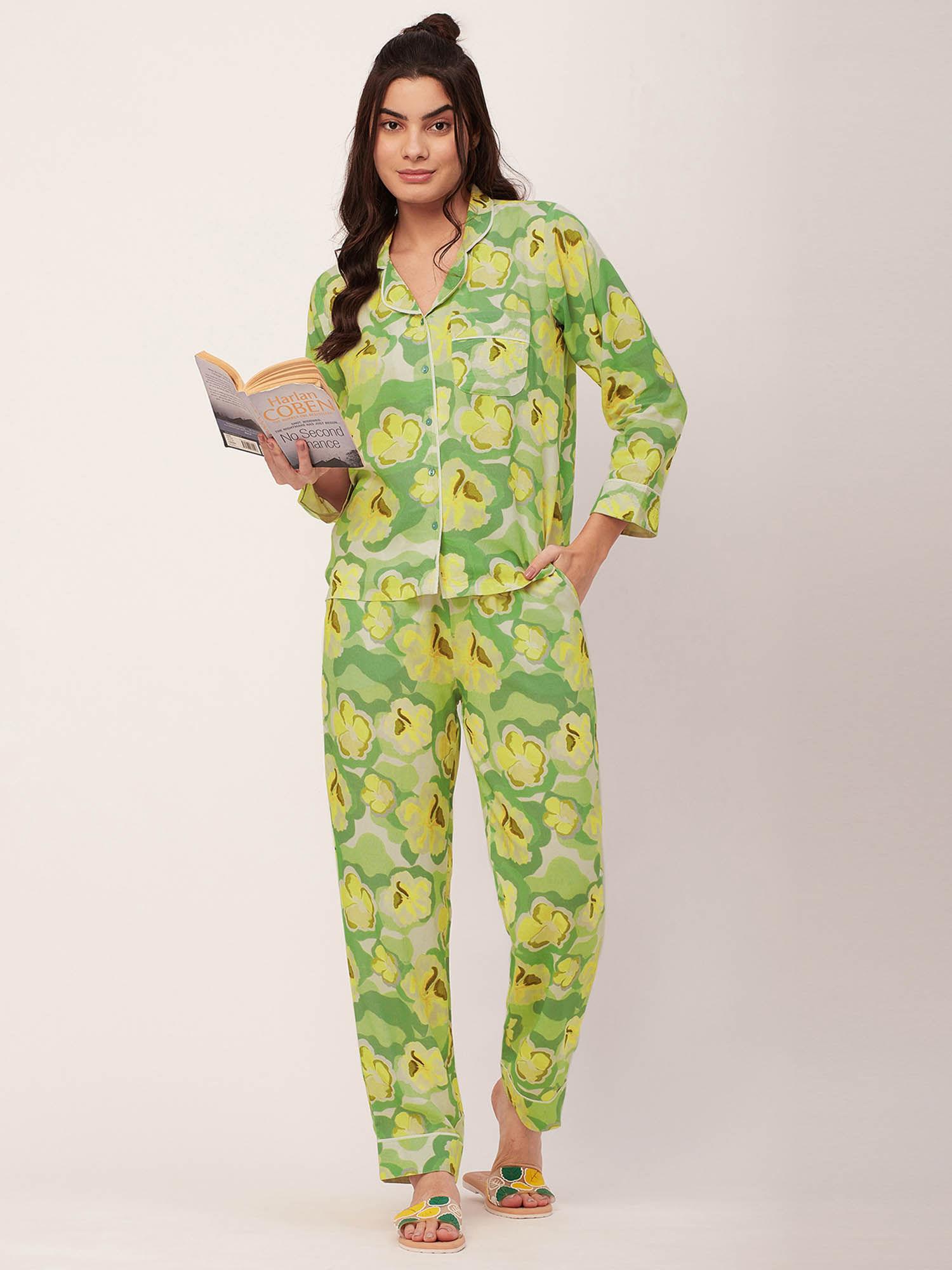 sleepwear printed night suit for women - green (set of 2)