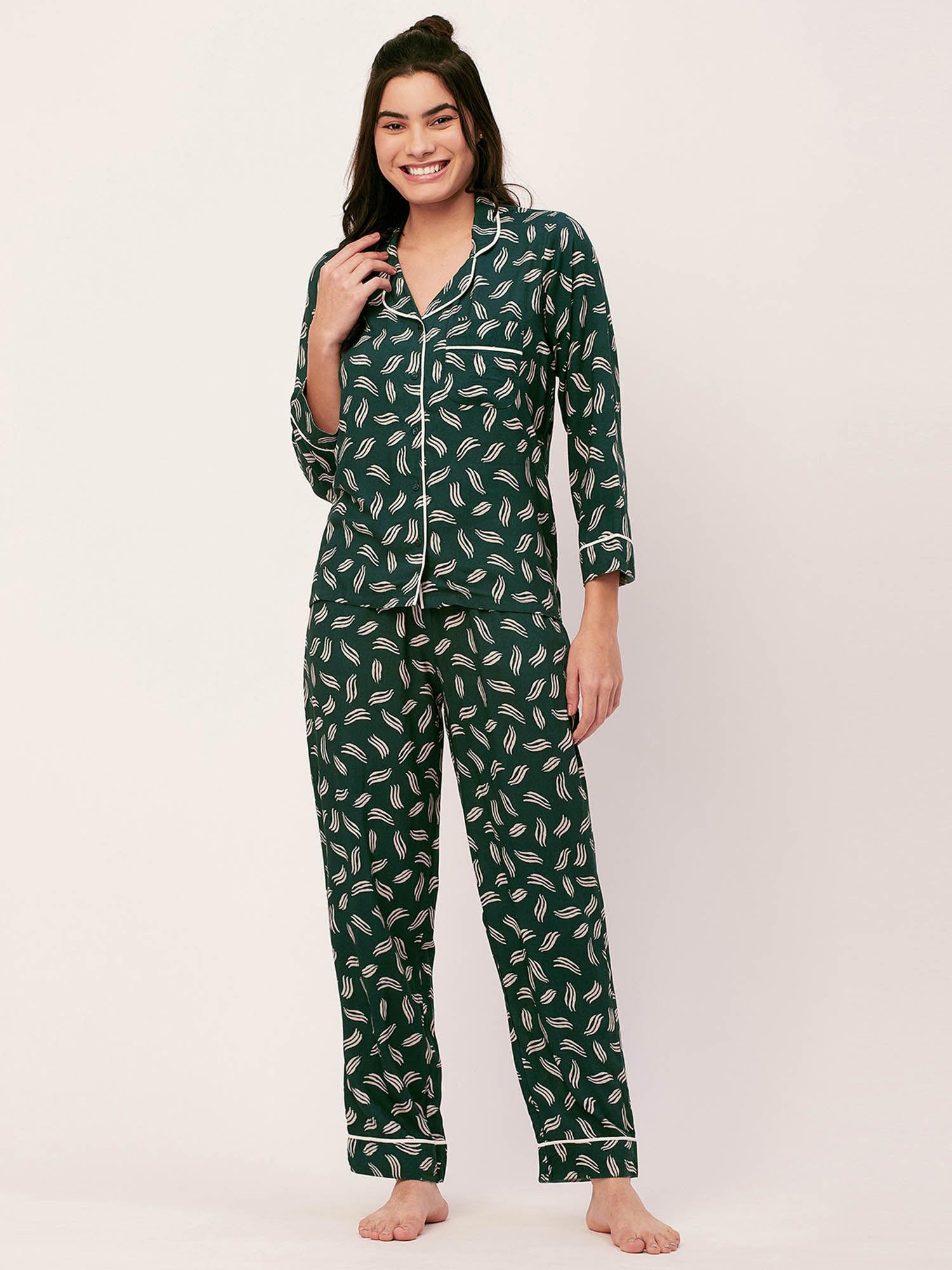 sleepwear printed night suit for women - green (set of 2)