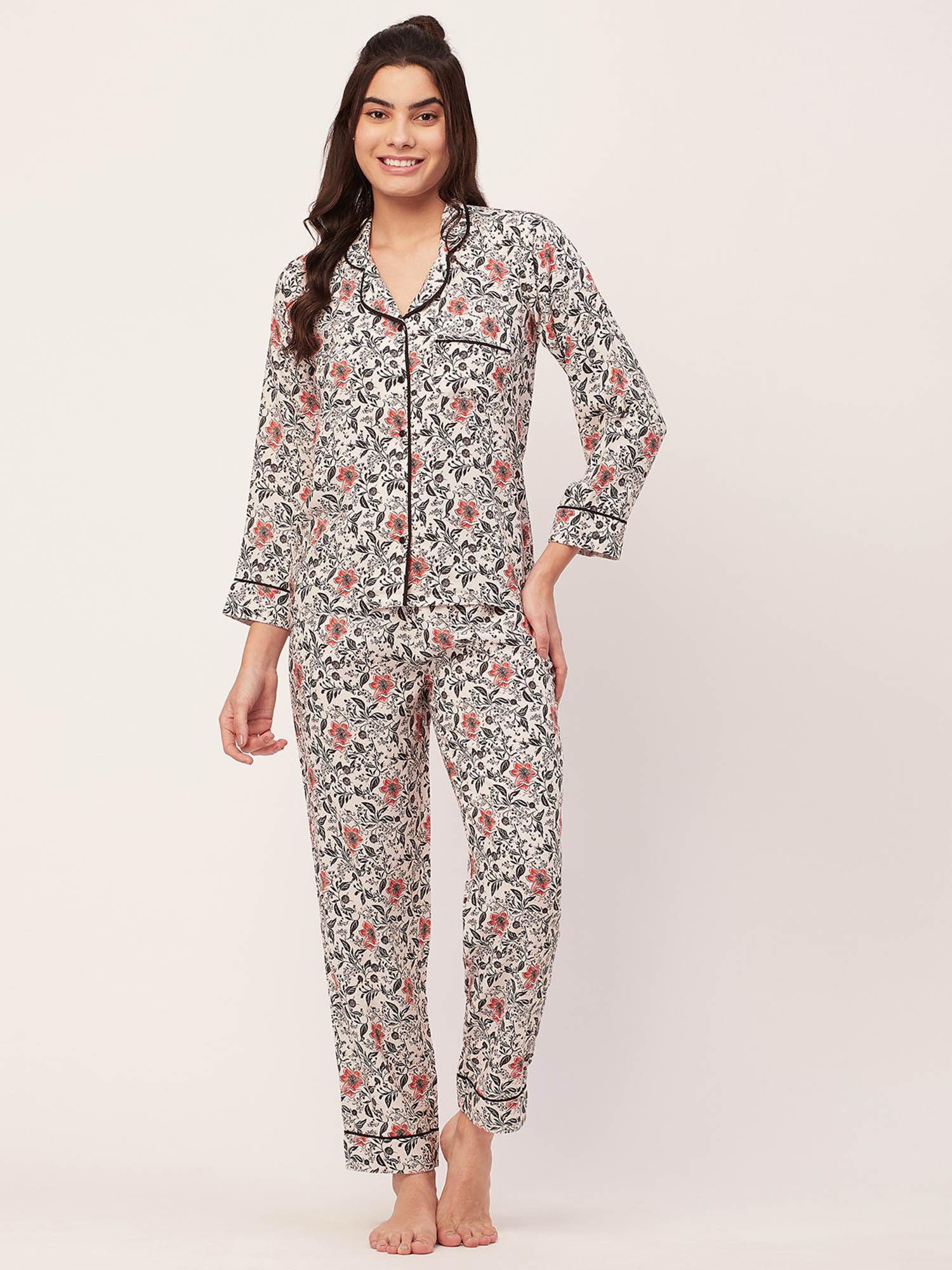 sleepwear printed night suit for women - ivory (set of 2)