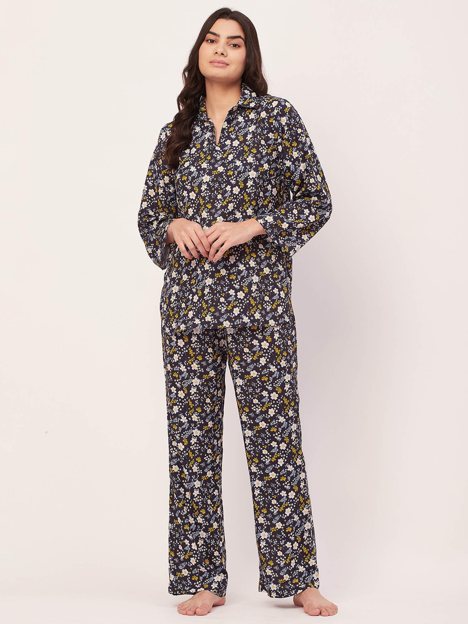 sleepwear printed night suit for women - navy blue (set of 2)