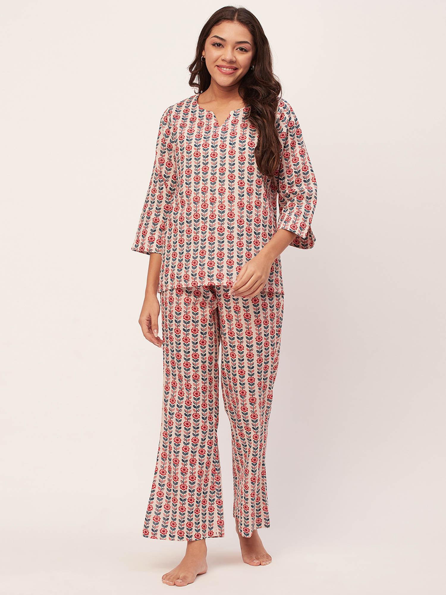 sleepwear printed night suit for women - off white (set of 2)