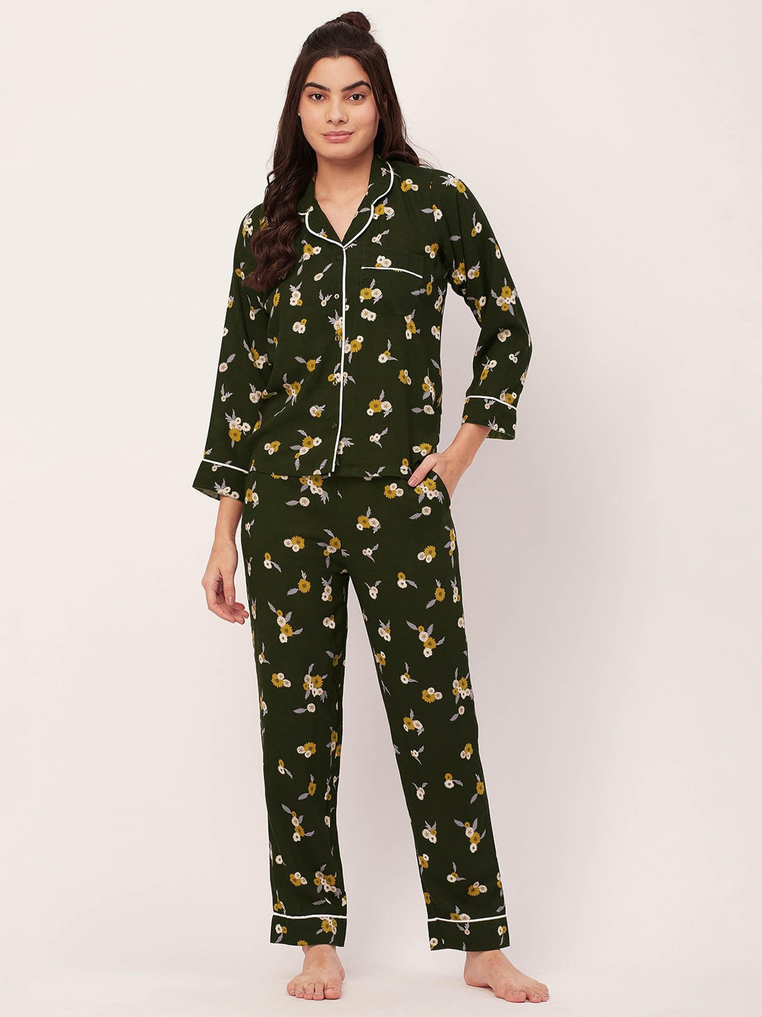 sleepwear printed night suit for women - olive (set of 2)