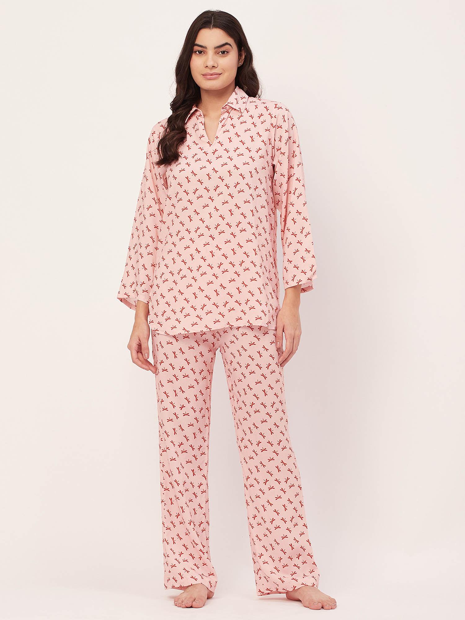 sleepwear printed night suit for women - peach (set of 2)