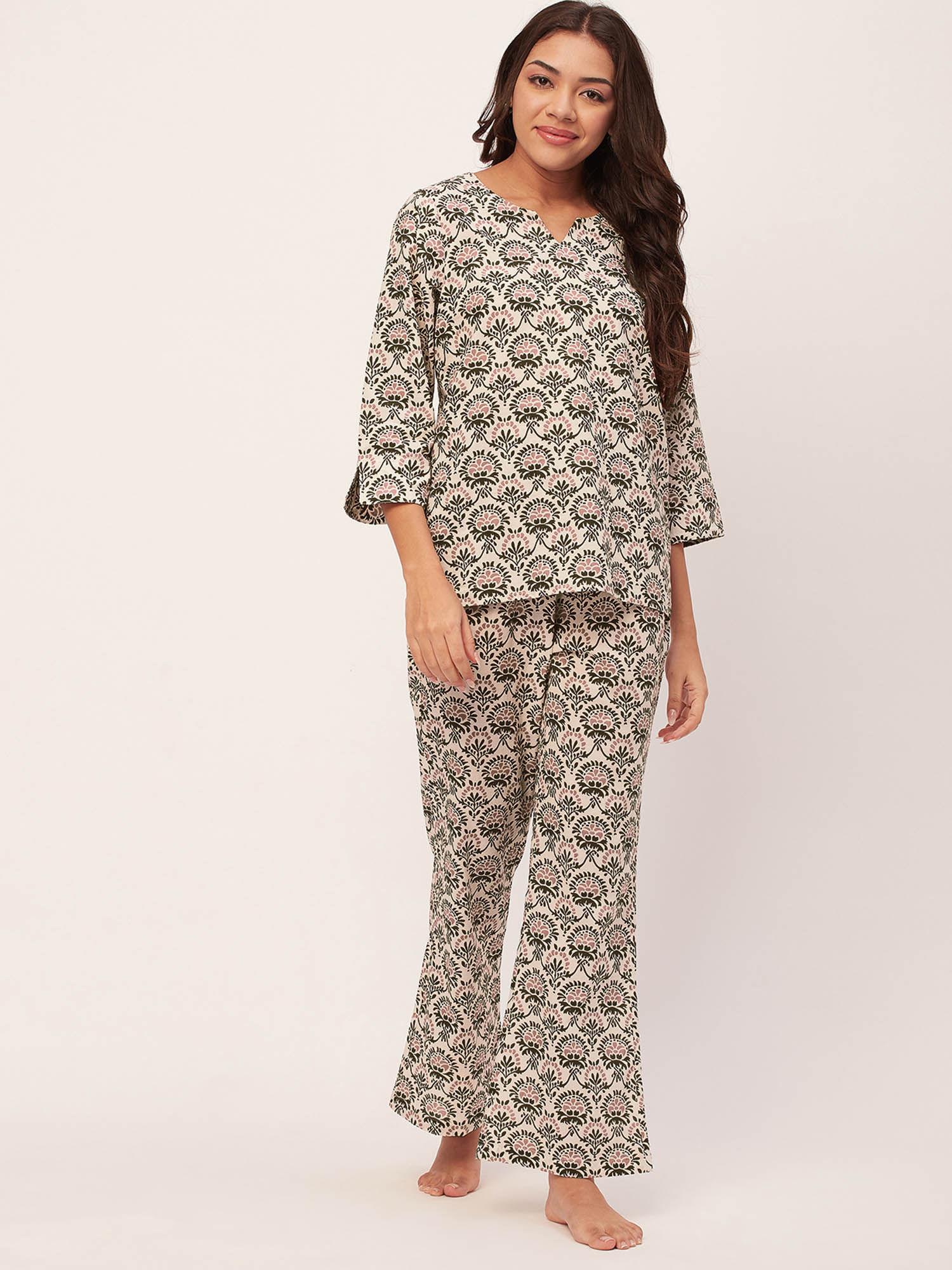 sleepwear printed night suit for women - white (set of 2)