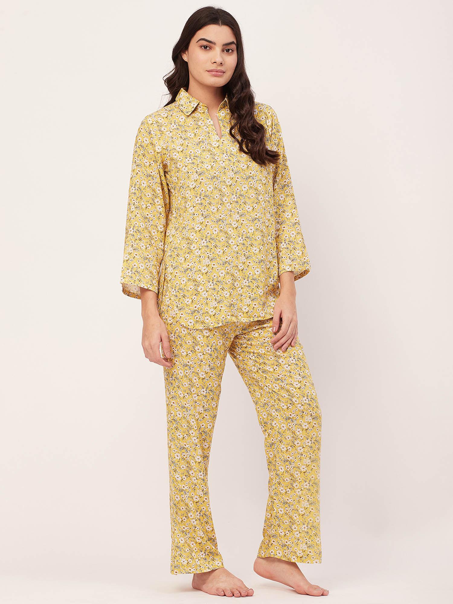 sleepwear printed night suit for women - yellow (set of 2)