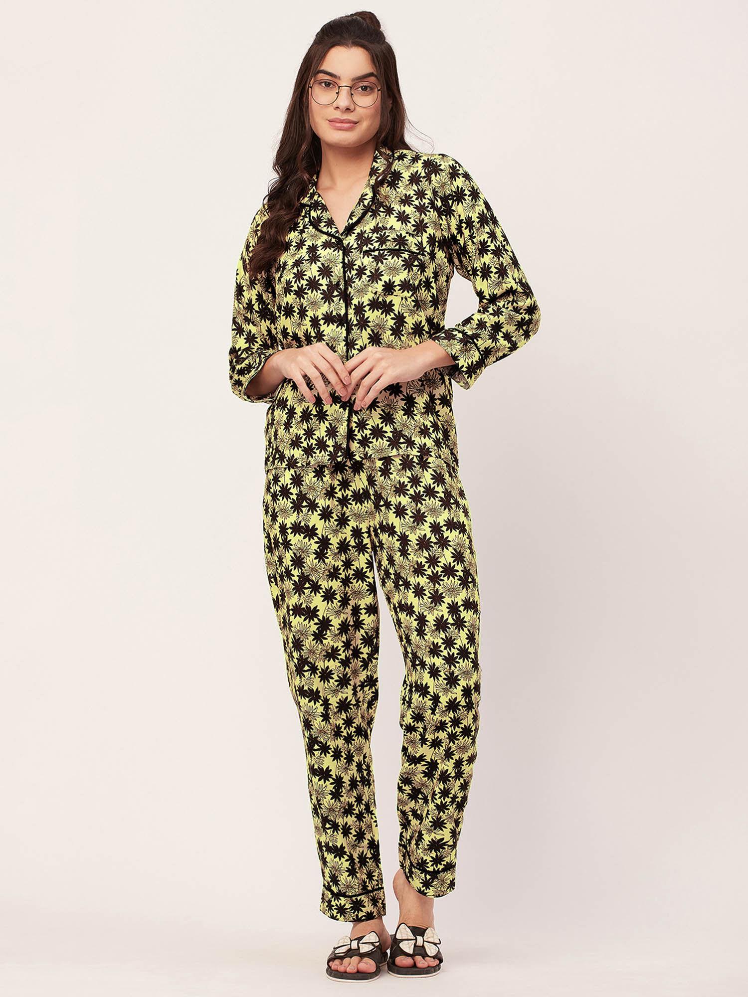 sleepwear printed night suit for women - yellow (set of 2)