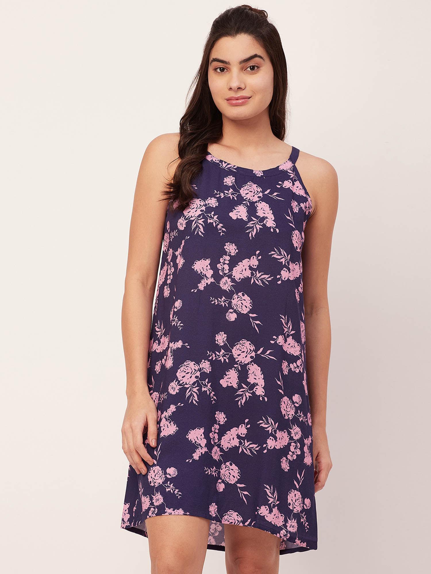 sleepwear printed sleeveless night dress - navy blue