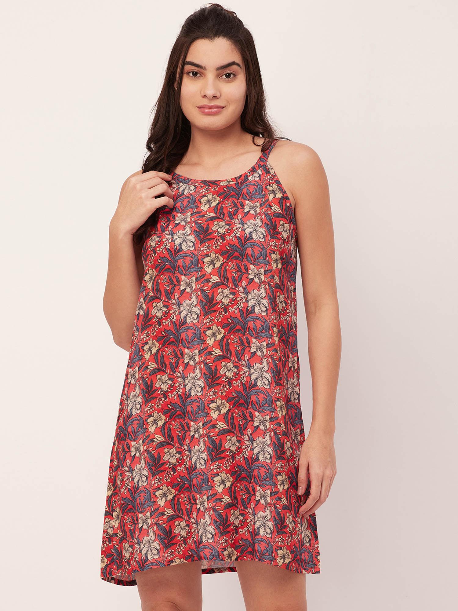 sleepwear printed sleeveless night dress - red