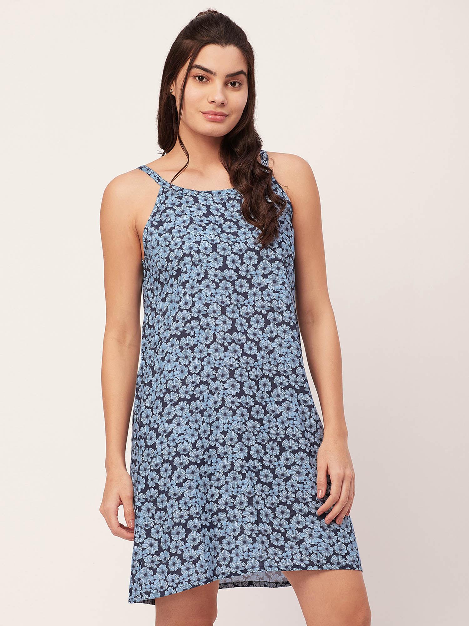 sleepwear printed sleeveless night dress - teal