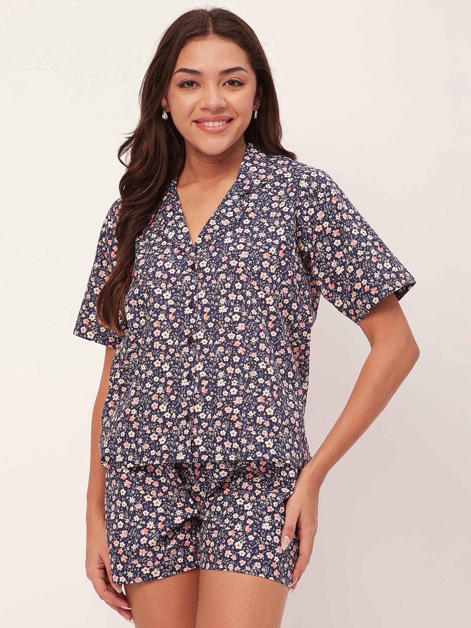 sleepwear shirt and shorts night suit - blue (set of 2)