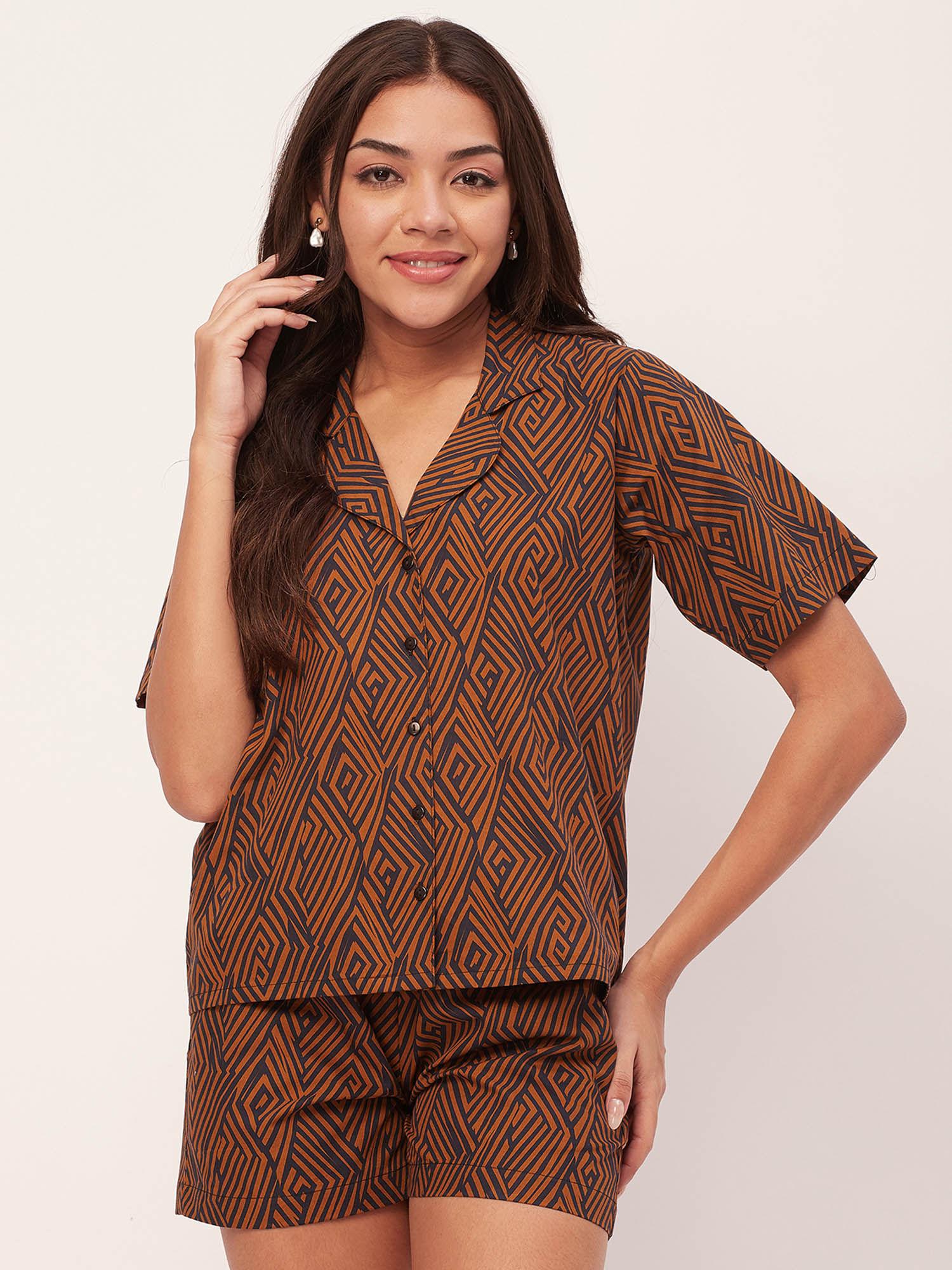 sleepwear shirt and shorts night suit - brown (set of 2)