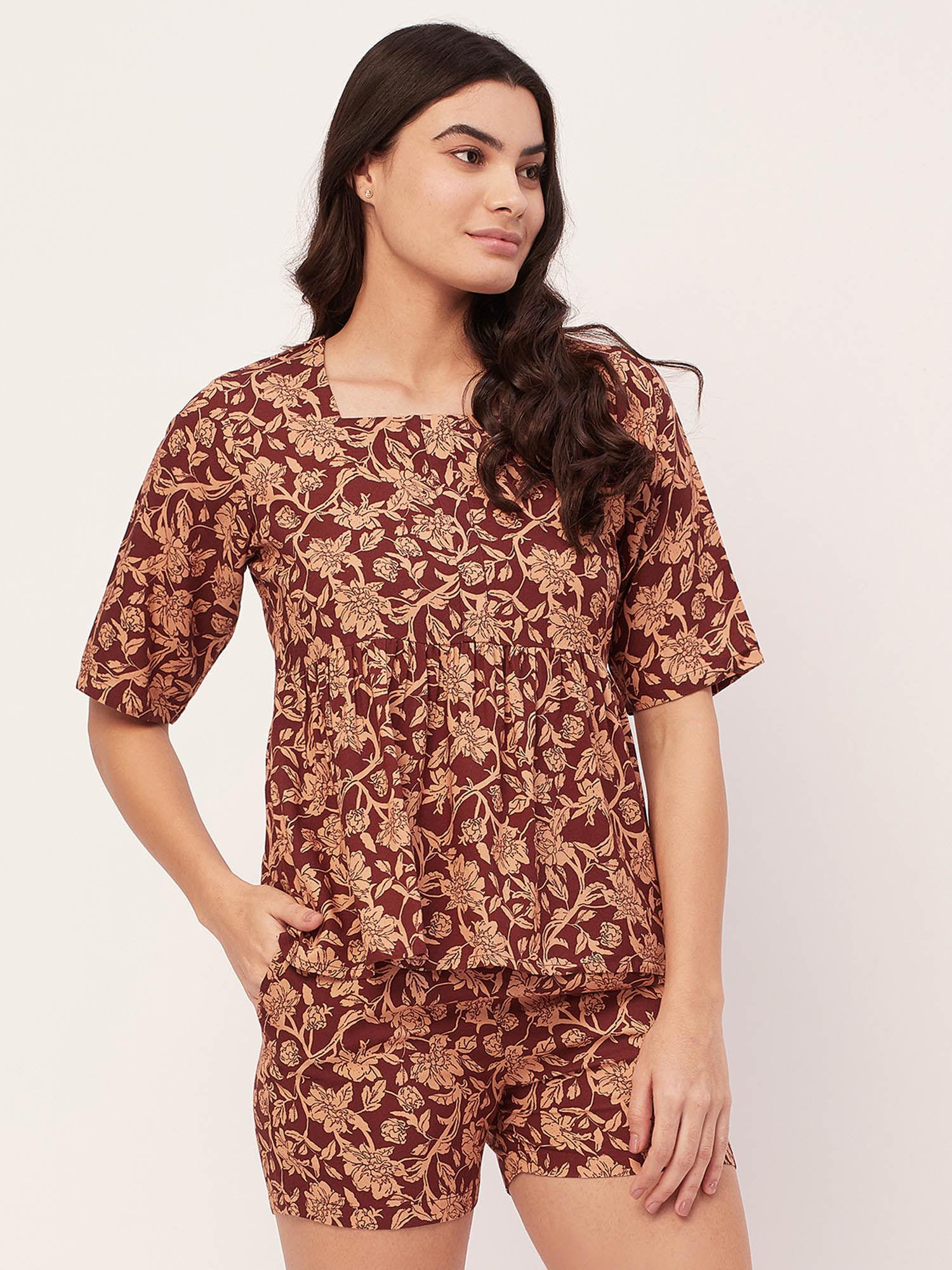 sleepwear top and shorts lounge - brown (set of 2)