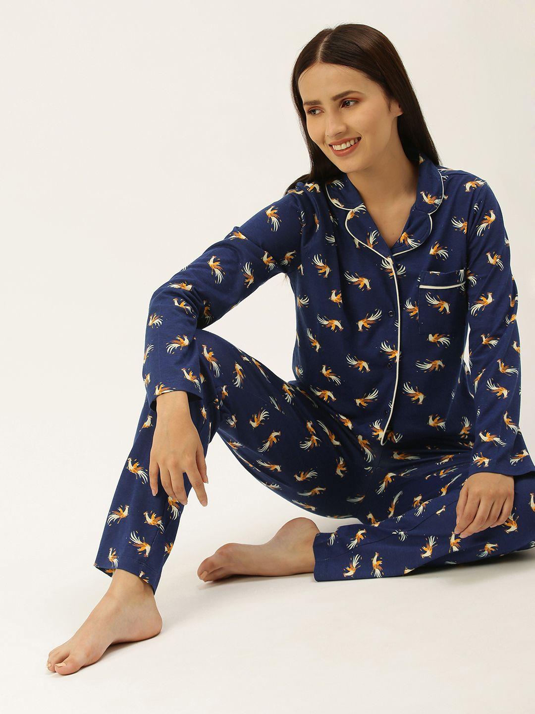 sleepy gals women blue rooster print pure cotton night suit
