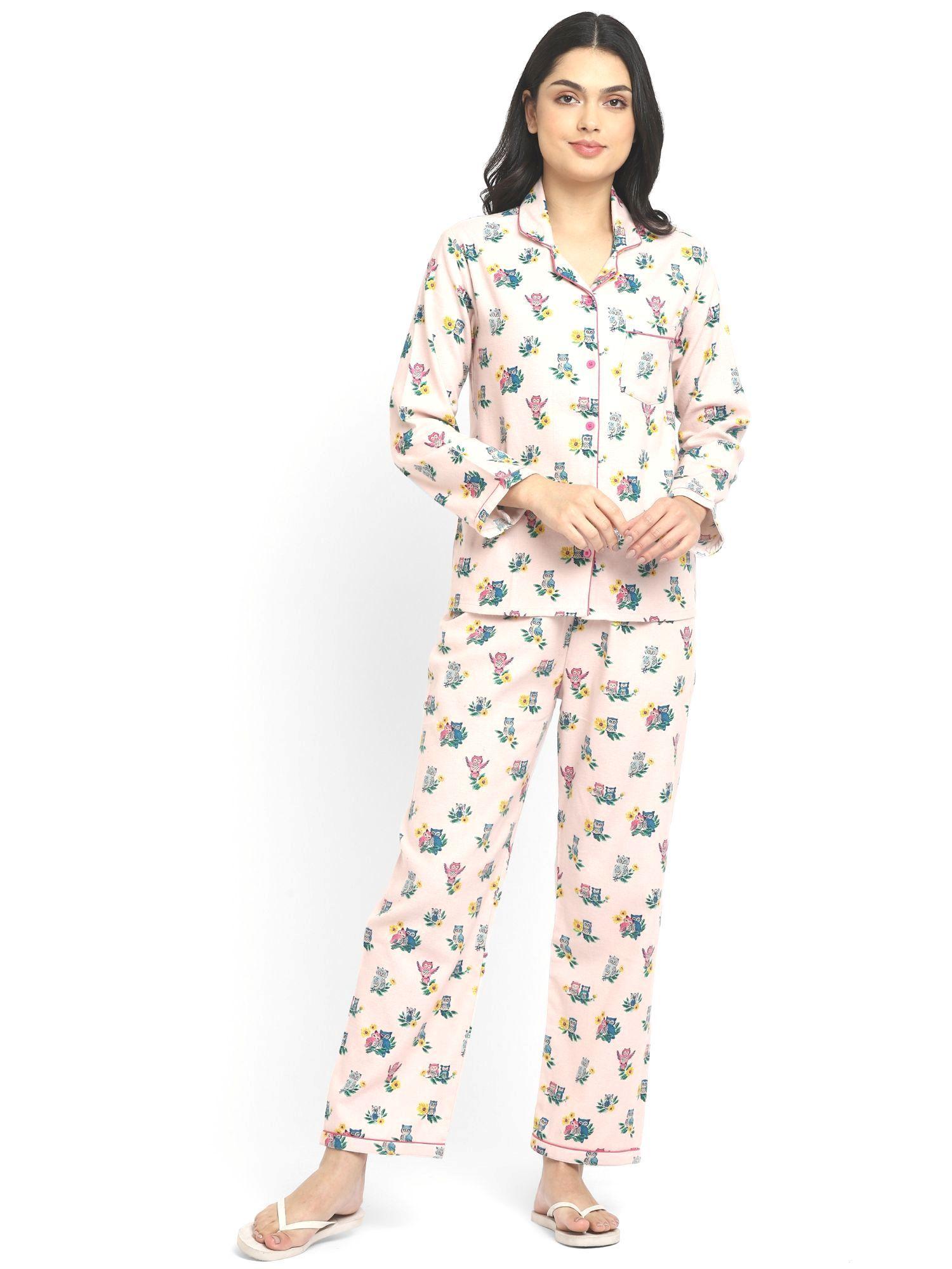 sleepy owl print cotton flannel long sleeve women's night suit - pink