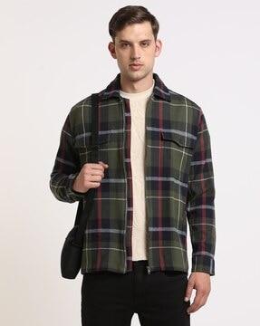 sleeve upscaled checked shacket with front zipper opening
