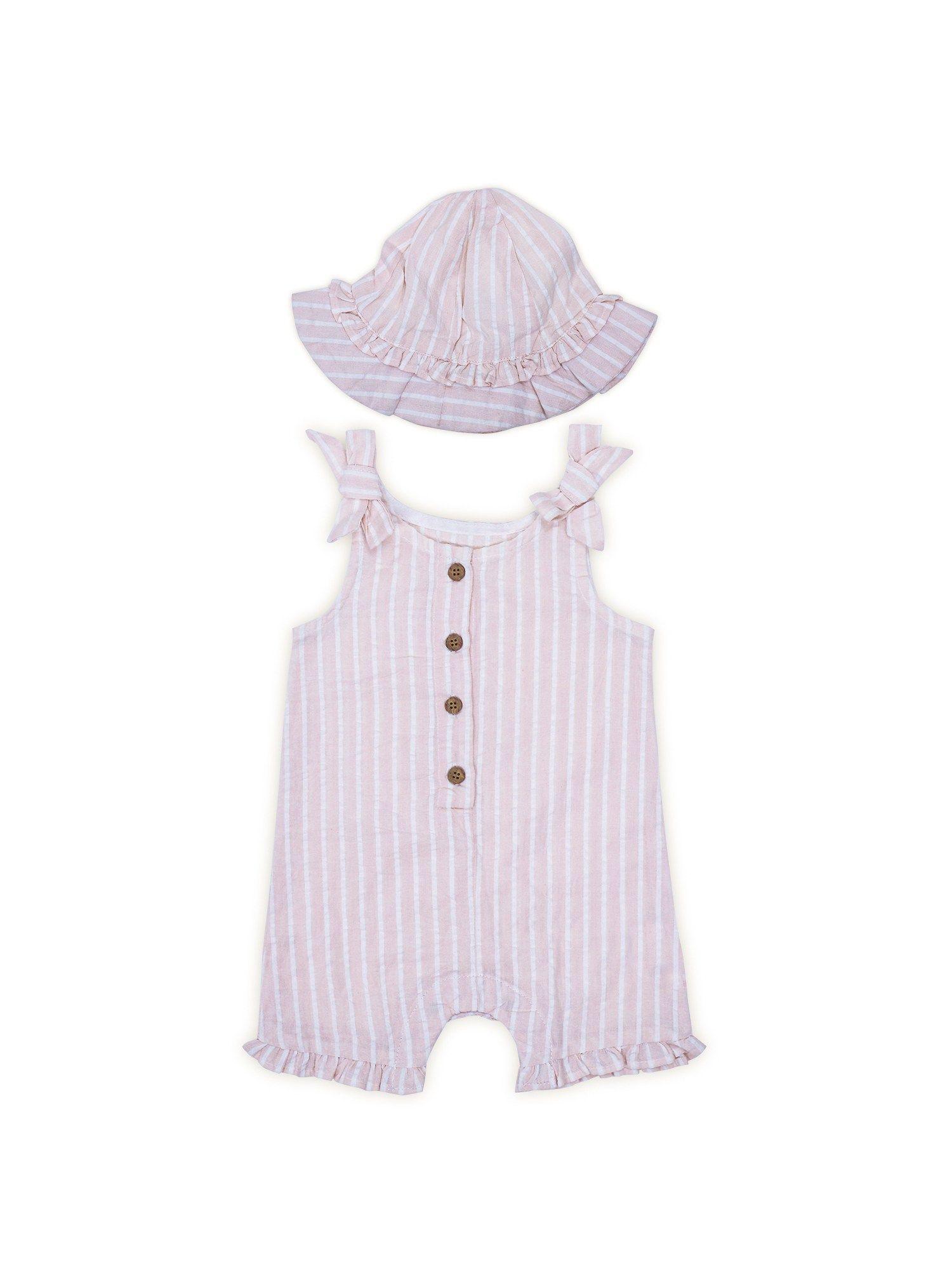 sleeveless romper with cap check print pink