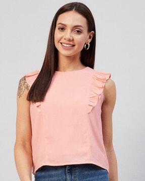 sleeveless boat-neck ruffled top