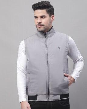 sleeveless bomber jacket with zip-front