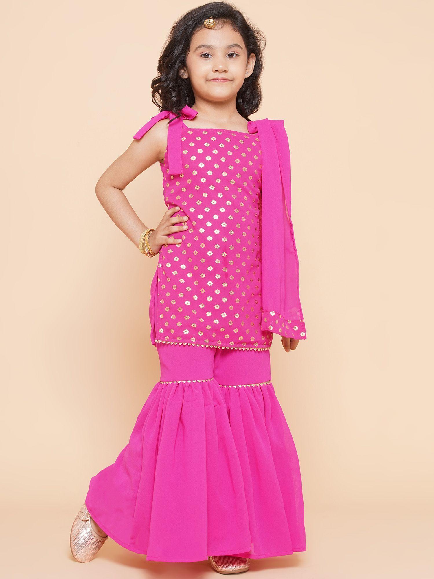 sleeveless chevron design sequins kurta & sharara with dupatta pink (set of 3)