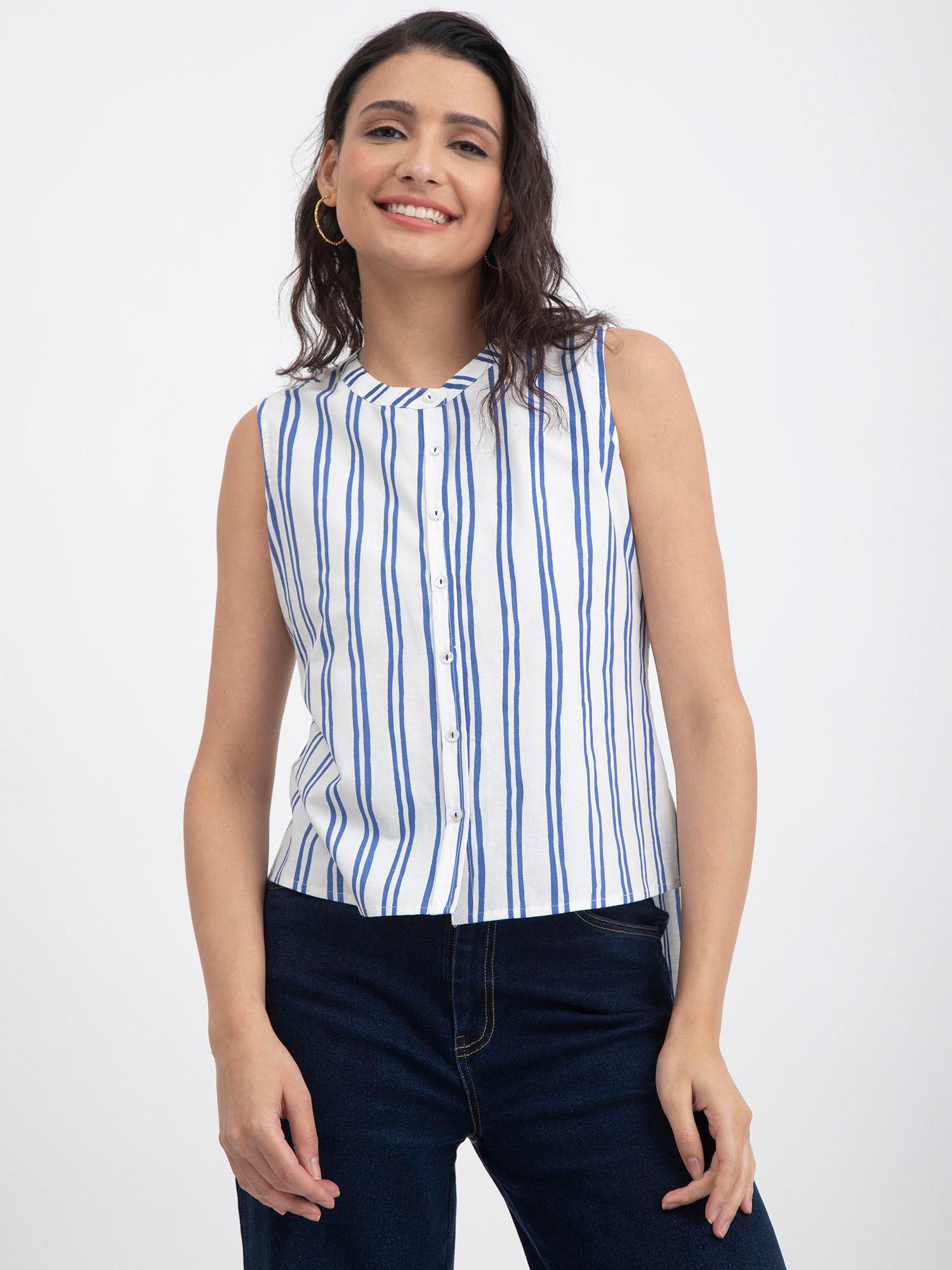 sleeveless cotton poplin striped top - white