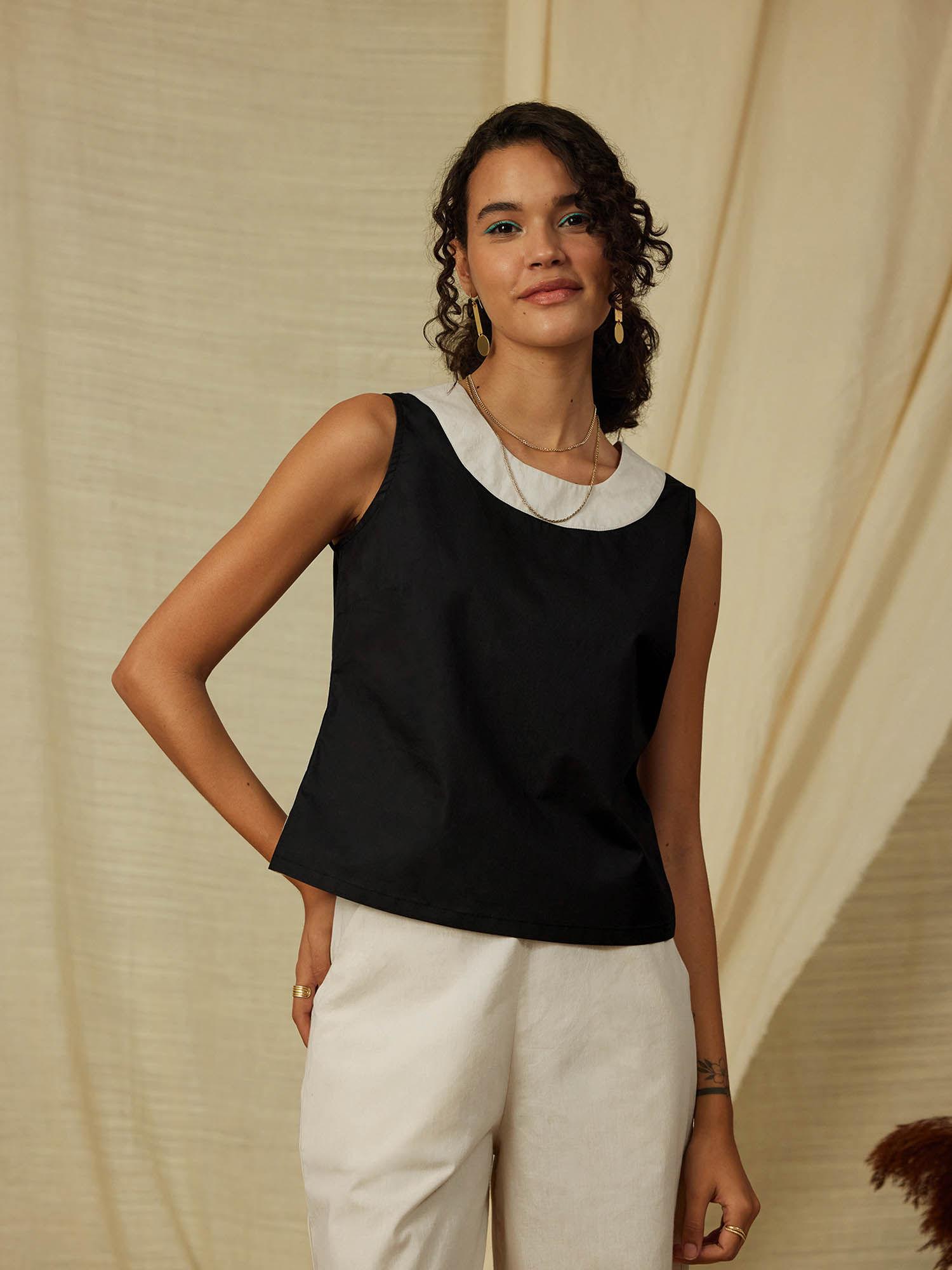 sleeveless cotton poplin top black & cream