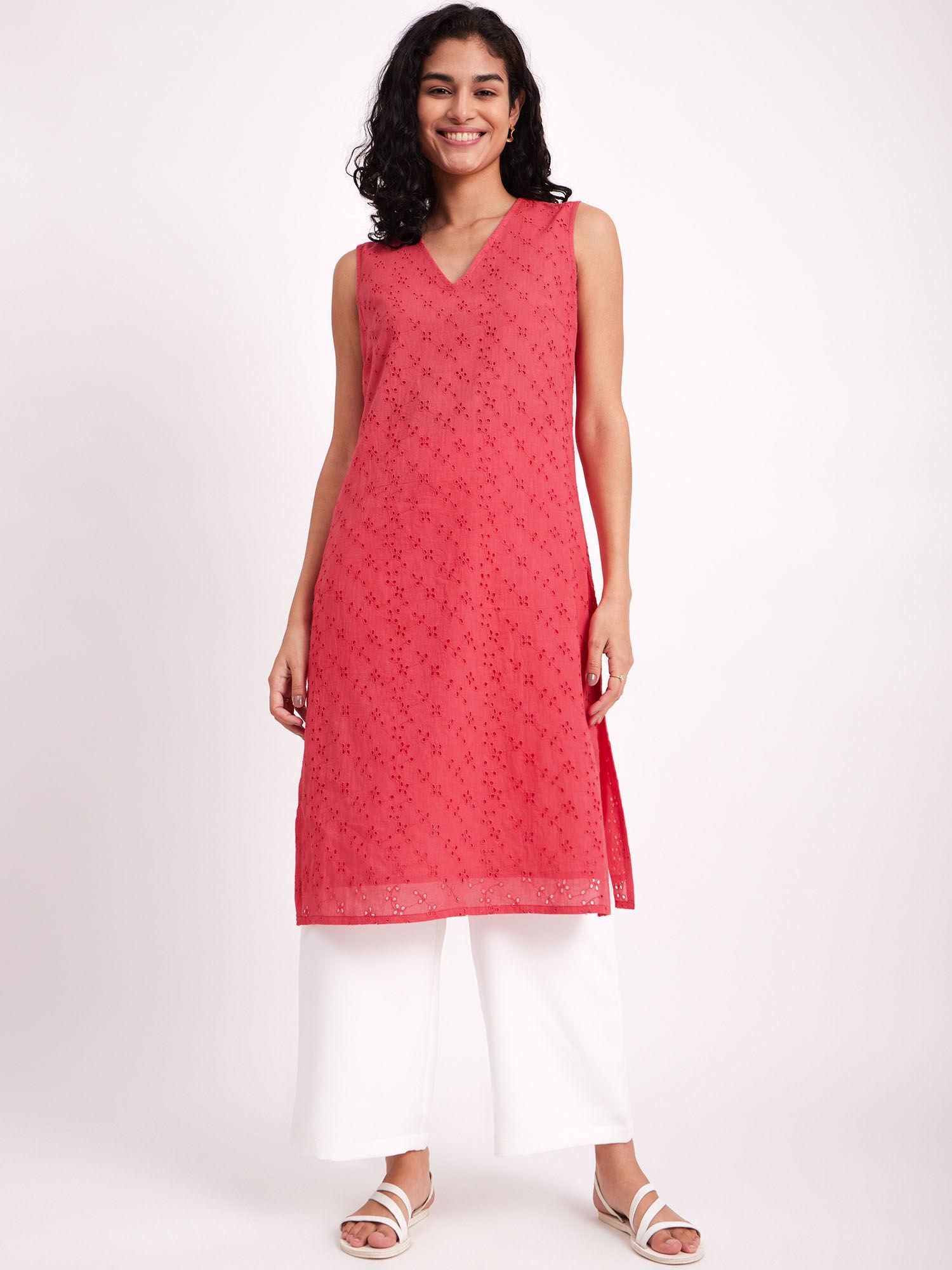 sleeveless cotton schiffli embroidered straight kurta - pink