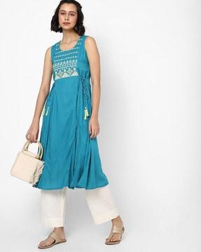 sleeveless flared kurta with embroidered yoke