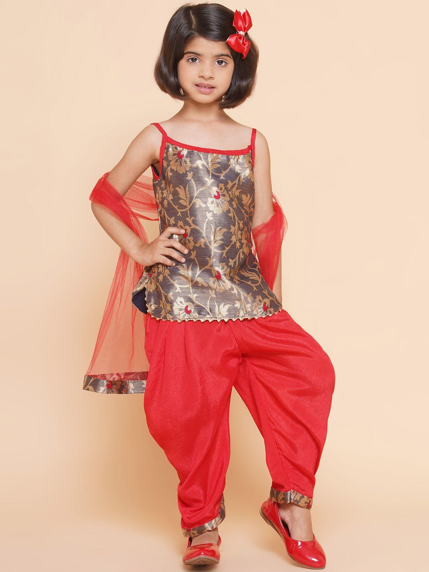 sleeveless floral kurti with patiala and dupatta grey & red (set of 3)