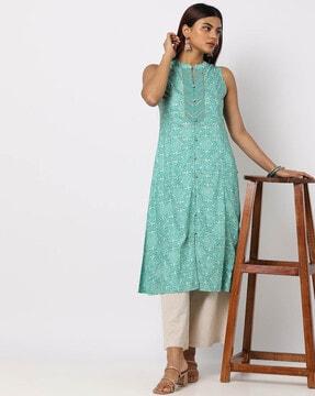 sleeveless foil print a-line kurta