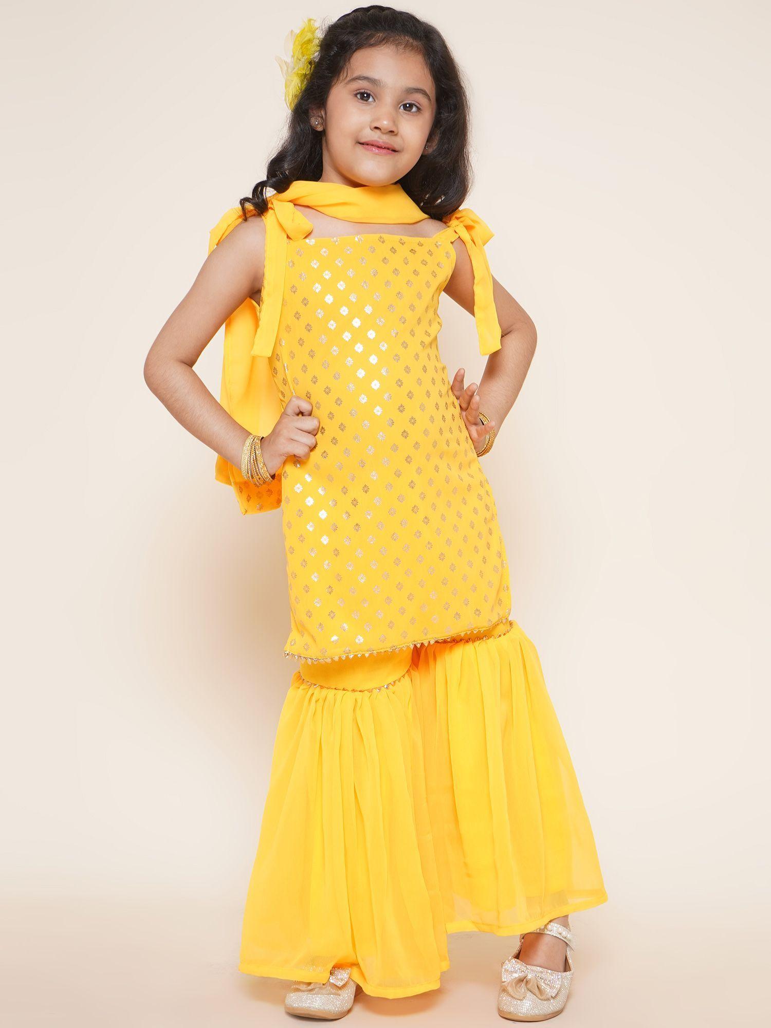 sleeveless georgette kurti and sharara with dupatta yellow (set of 3)