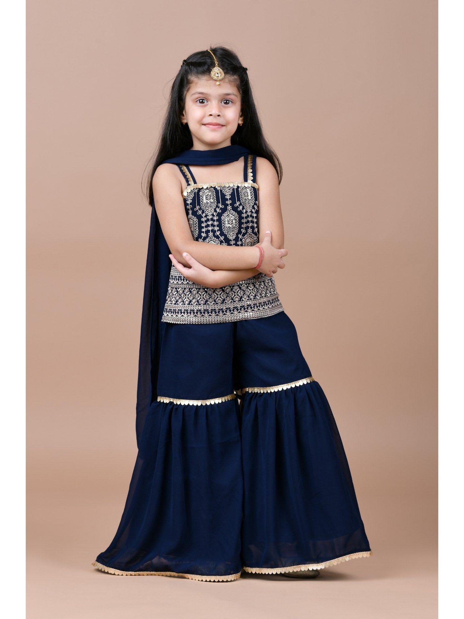 sleeveless georgette peplum top & dupatta with sharara - navy blue (set of 3)