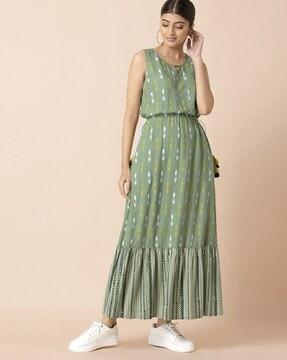 sleeveless ikat a-line dress with drawstring