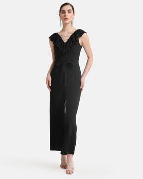 sleeveless jumpsuit with frilled-neck