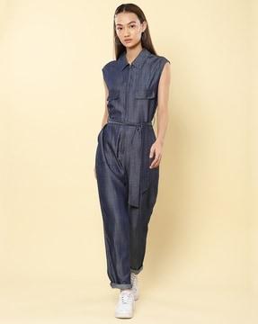 sleeveless jumpsuit with spread collar