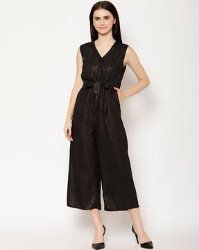 sleeveless jumpsuit with waist tie-up