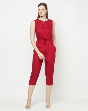 sleeveless jumpsuit with waist tie-up