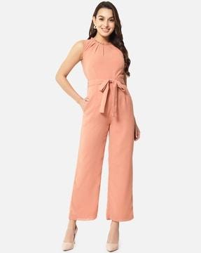 sleeveless jumpsuit with waist tie-up