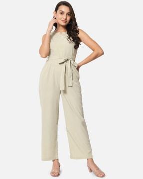 sleeveless jumpsuit with waist tie-up