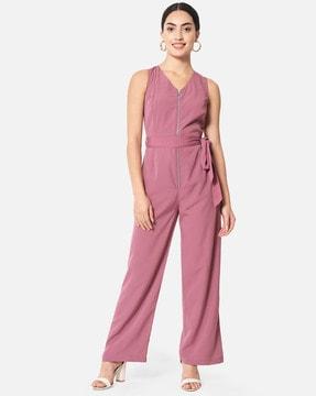 sleeveless jumpsuit with waist tie-up