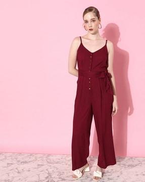 sleeveless jumpsuit with waist tie-up