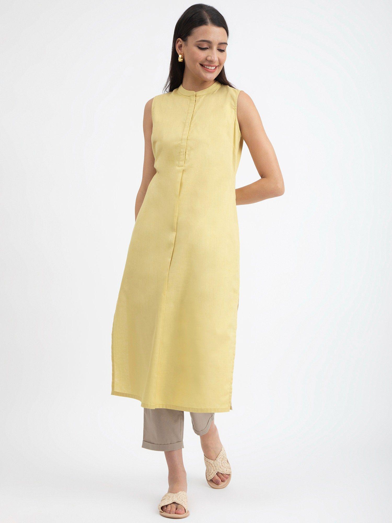 sleeveless linen blend straight kurta - yellow