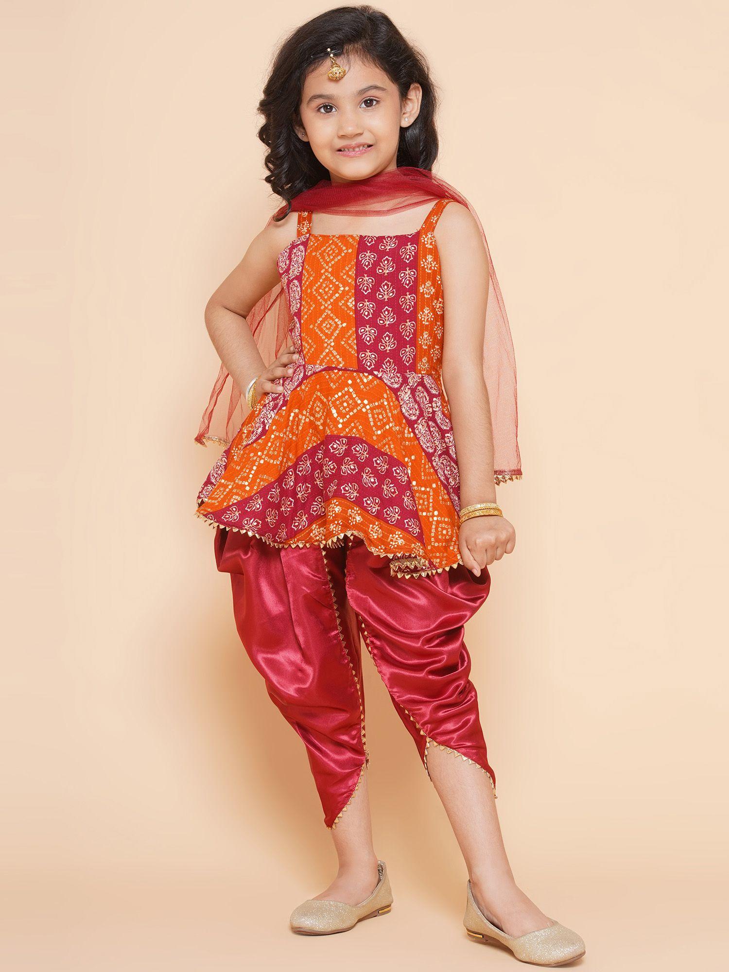 sleeveless rayon printed top & dhoti with dupatta maroon (set of 3)