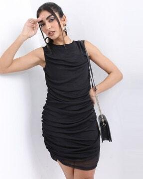 sleeveless ruched sheath dress