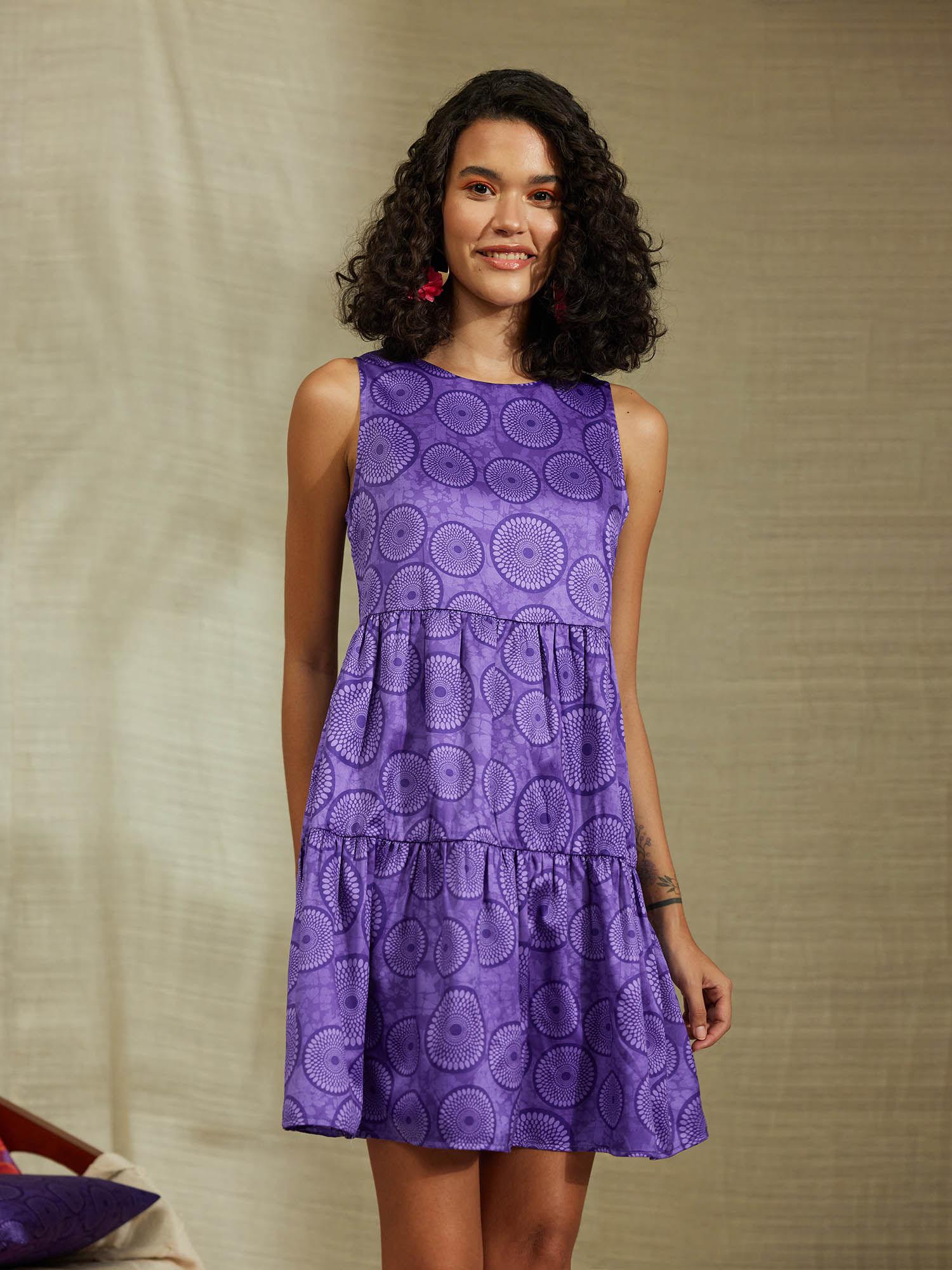 sleeveless satin tiered dress purple