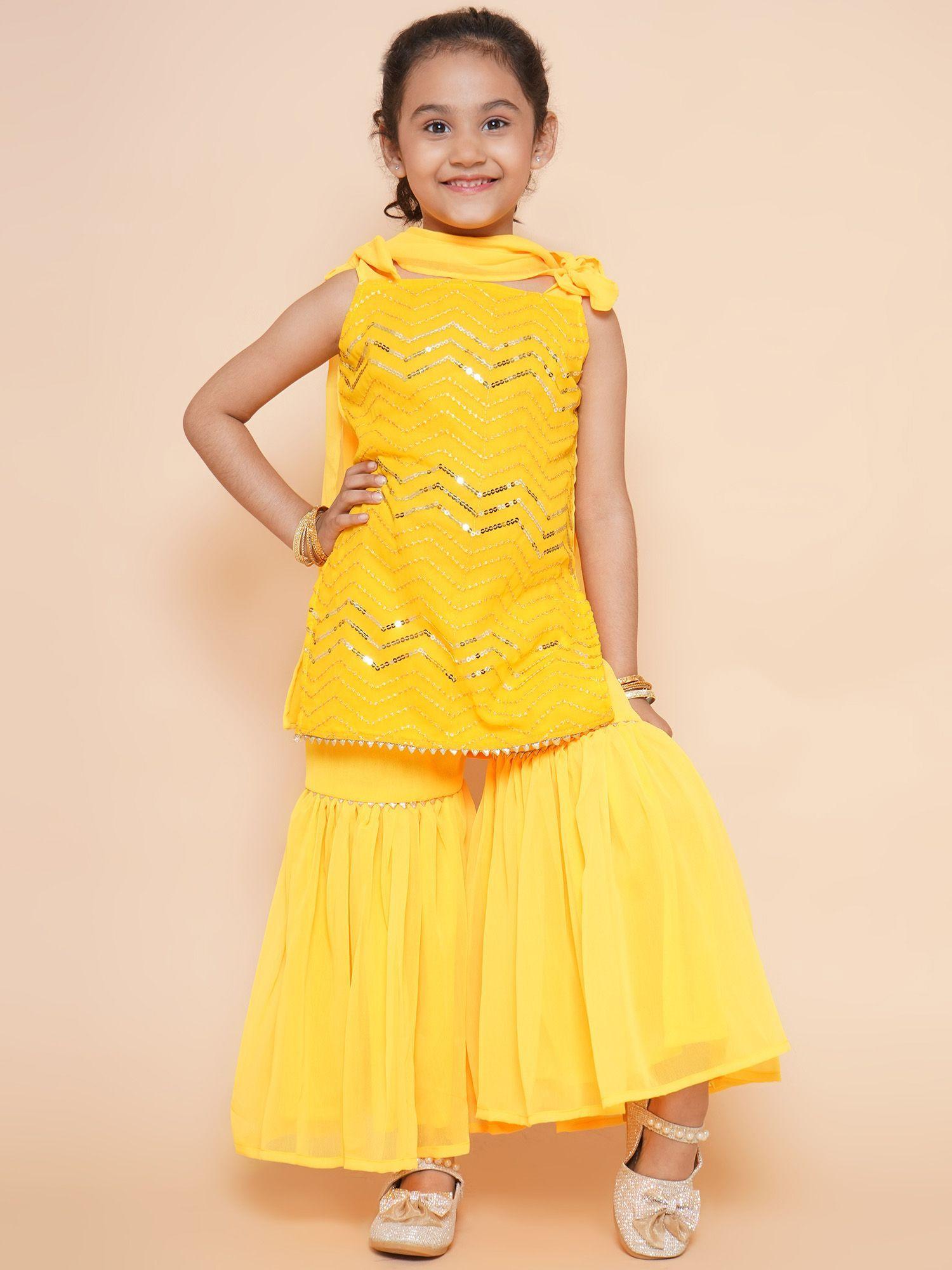 sleeveless sequin embellished kurti and sharara with dupatta yellow (set of 3)