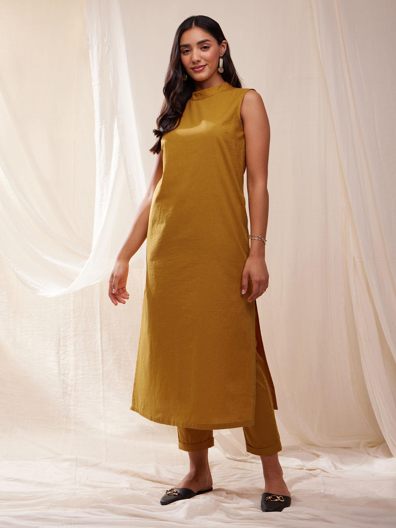 sleeveless solid straight kurta- mustard