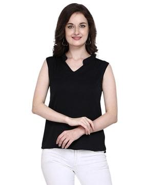 sleeveless top with band collar