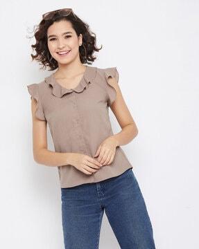 sleeveless top with frilled neckline