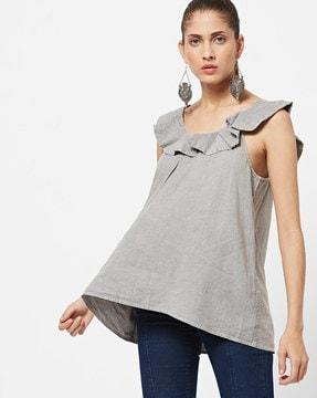 sleeveless top with ruffled neckline